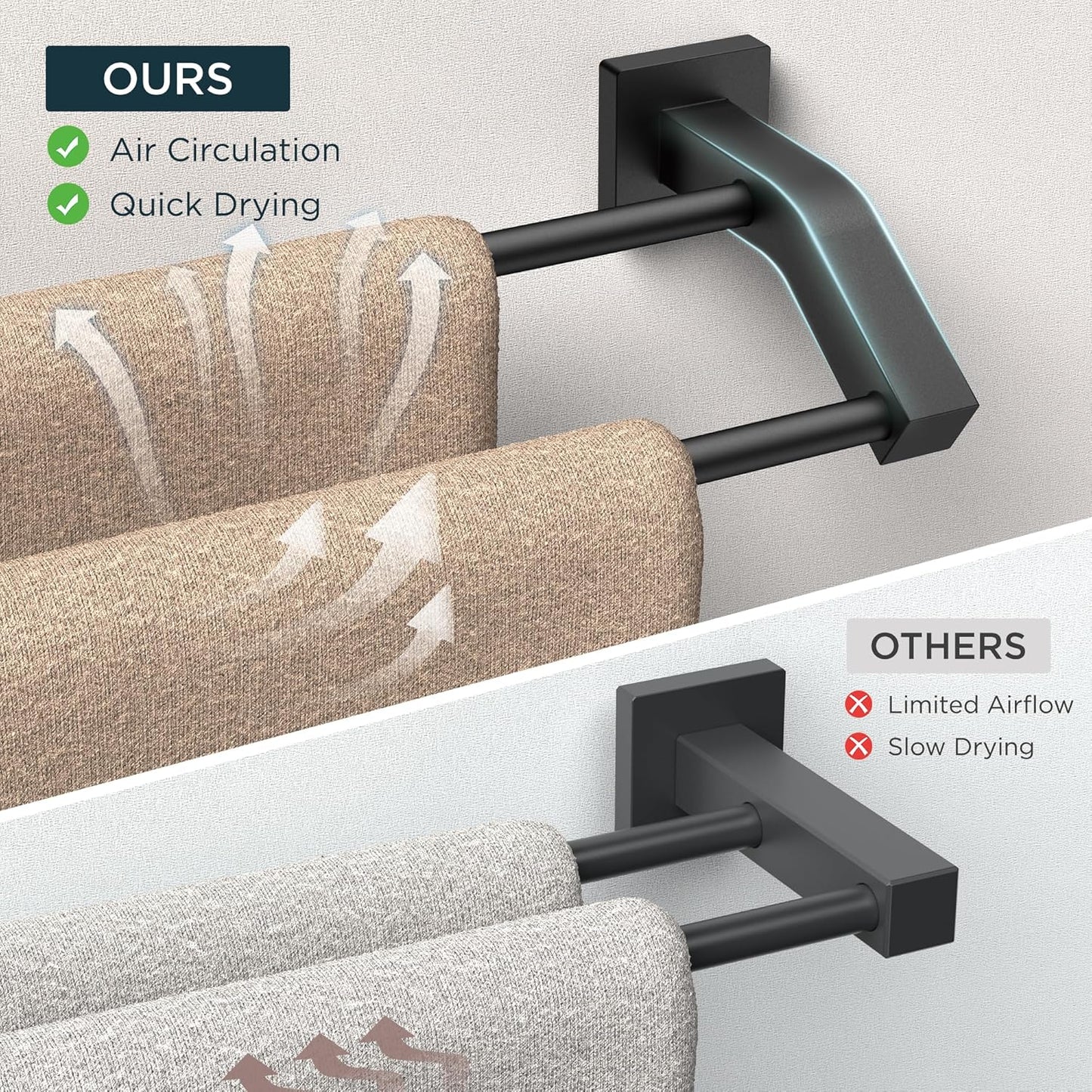 FORIOUS Double Towel Bar, 24 Inch Dual Towel Racks for Bathroom Wall Mounted, Thicken SUS304 Stainless Steel Bath Square Towel Rod Towel Holder Rail, Matte Black