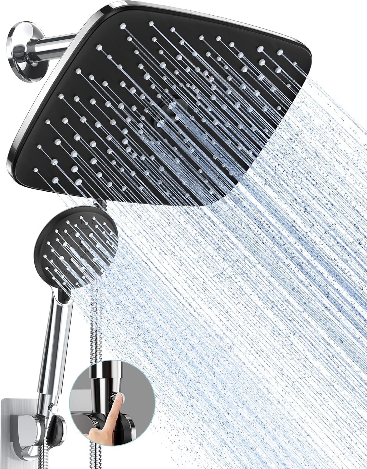 Veken 11.8 Inch Rain Shower Head with Handheld- High Pressure Dual Shower Heads with 5 Modes Handheld Spray Combo- Wide Rainfall Showerhead with Hose, Bathroom Accessories, Matte Black